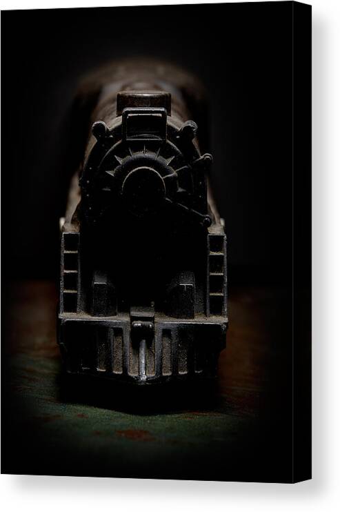 Old Train Canvas Print featuring the photograph Black Toy Train Engine by Art Whitton