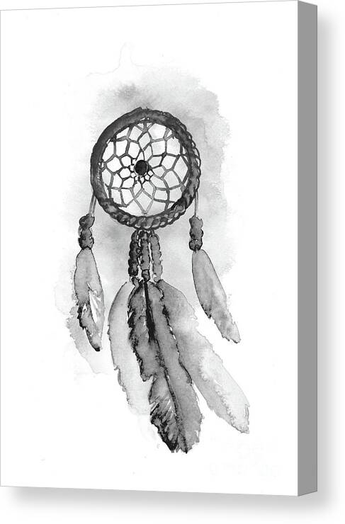  Drawing & Illustration Canvas Print featuring the painting Dreamcatcher Watercolor Painting, Black White Dream Catcher Illustration by Joanna Szmerdt