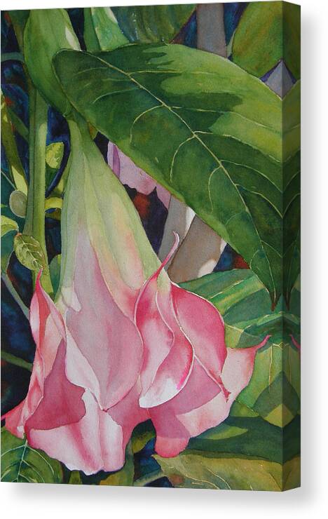 Angel Trumpet Canvas Print featuring the painting Blushing Angel by Judy Mercer