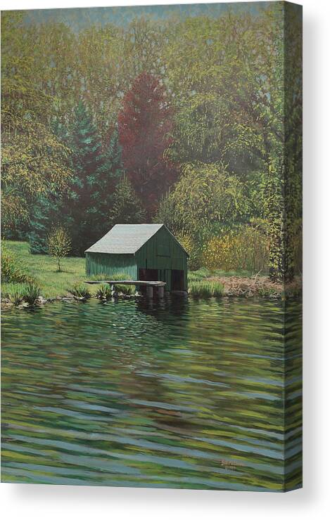 Boathouse Canvas Print featuring the painting Boathouse on Langwater Pond by Bill McEntee