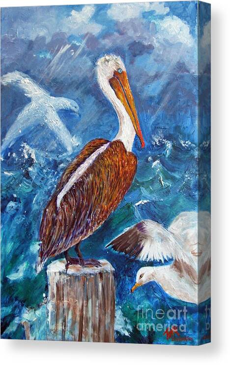 Brown Pelican Canvas Print featuring the painting Brown Pelican with Gulls by Doris Blessington
