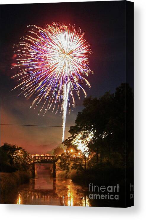 Fire Works Canvas Print featuring the photograph Canal View of Fire Works by Paula Guttilla