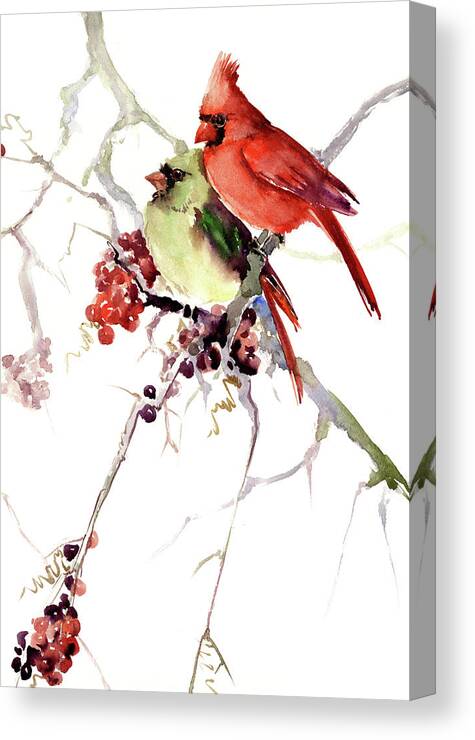 Christmas Canvas Print featuring the painting Cardinal Birds, Two cardinal birds design by Suren Nersisyan