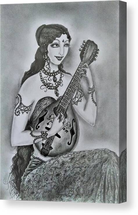 Apsara Canvas Print featuring the drawing Celestial Musician by Tara Krishna