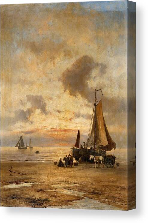 Johannes Herman Barend Koekkoek Canvas Print featuring the painting Coastal Landscape at Evening by MotionAge Designs