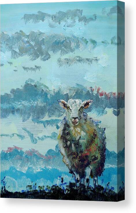 Sheep Canvas Print featuring the painting Colorful Sheep Art - Out Of The Stormy Sky by Mike Jory