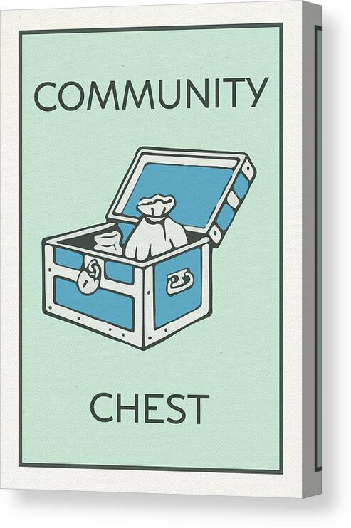 Community Chest Canvas Print featuring the mixed media Community Chest Vintage Monopoly Board Game Theme Card by Design Turnpike