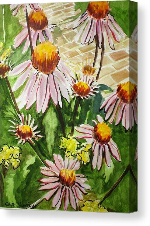 Flower Canvas Print featuring the painting Coneflowers by the Walk by Edith Hunsberger