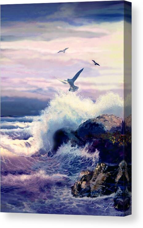 Crushing Waves And Rock Formation Canvas Print featuring the painting Crushing Waves and Rockformation by Regina Femrite