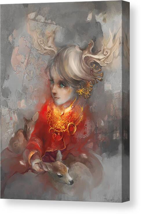 Portrait Canvas Print featuring the digital art Deer Princess by Te Hu