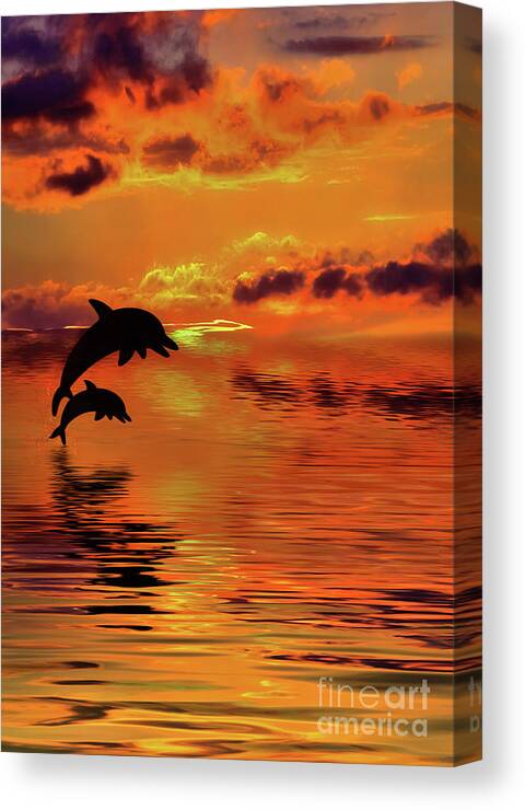 Dolphin Silhouette Sunset Canvas Print featuring the digital art Dolphin Silhouette Sunset by Kaye Menner by Kaye Menner