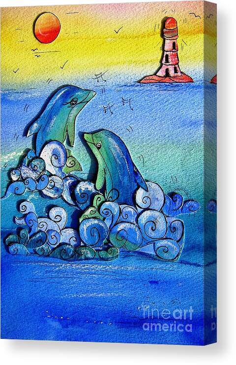 Childrens Art Canvas Print featuring the painting Dolphins At Play by Mary Cahalan Lee - aka PIXI