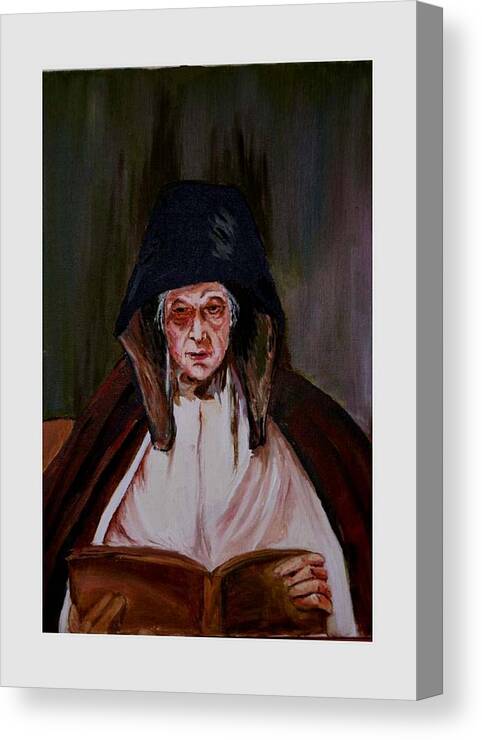Old Lady Canvas Print featuring the painting Elderly lady reading a book by Asha Sudhaker Shenoy