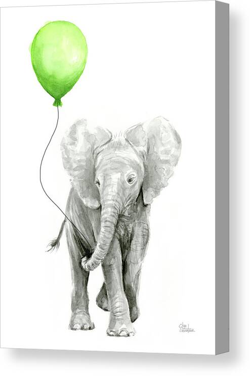 Elephant Canvas Print featuring the painting Elephant Watercolor Green Balloon Kids Room Art by Olga Shvartsur