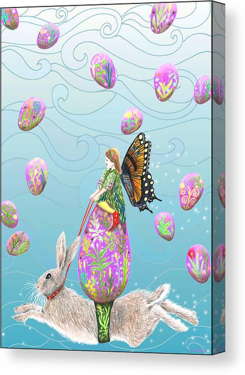 Lise Winne Canvas Print featuring the mixed media Fairy Riding an Egg and Easter Bunny by Lise Winne