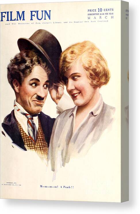 Film Canvas Print featuring the painting Film Fun Classic Comedy Magazine Featuring Charlie Chaplin and Girl 1916 by Vintage Collectables