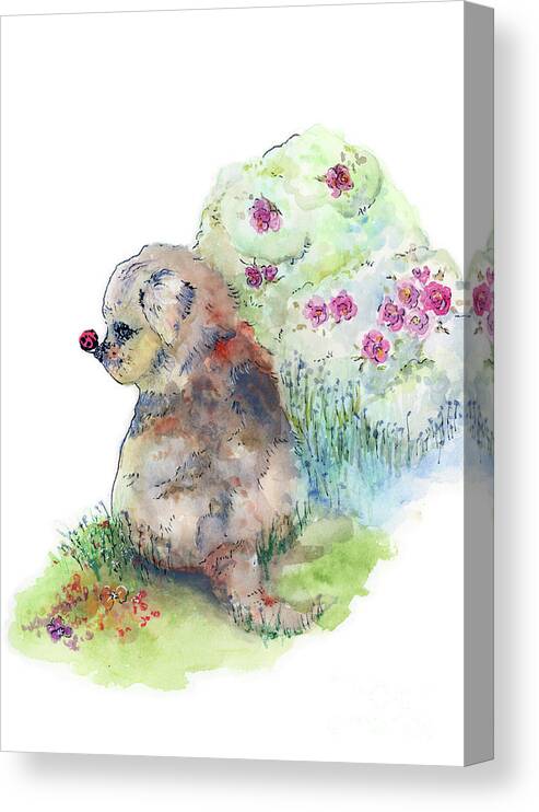 Mini Australian Shepherd Canvas Print featuring the painting First Contact by Lauren Heller