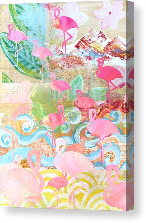 Flamingo Collage Canvas Print featuring the mixed media Flamingo Collage by Claudia Schoen