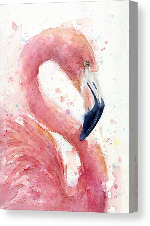 Watercolor Flamingo Canvas Print featuring the painting Flamingo - Facing Right by Olga Shvartsur