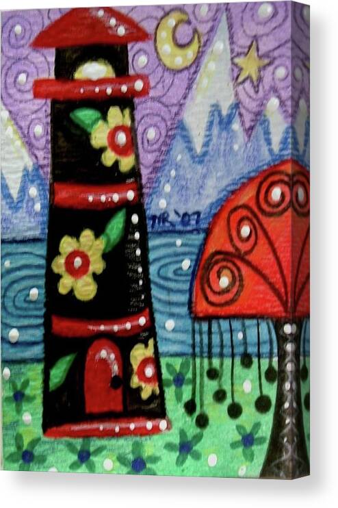 Lighthouse Canvas Print featuring the painting Floral Lighthouse with Mountain Background by Monica Resinger