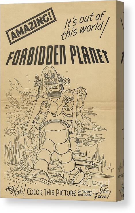 Forbidden Planet Canvas Print featuring the painting Forbidden Planet in color this picture retro classic movie poster portraite by Vintage Collectables