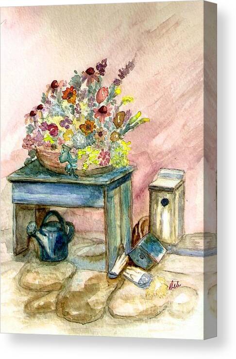 Gardening Canvas Print featuring the painting Garden Bench by Deb Stroh-Larson