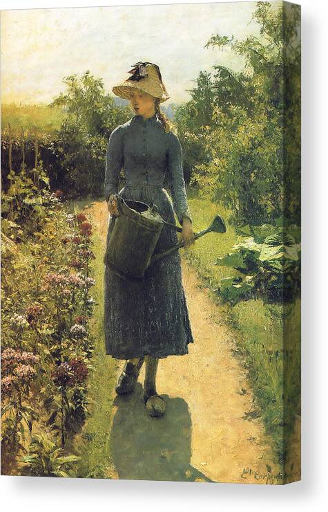 19th Century Art Canvas Print featuring the painting Girl with Watering Can by Evariste Carpentier