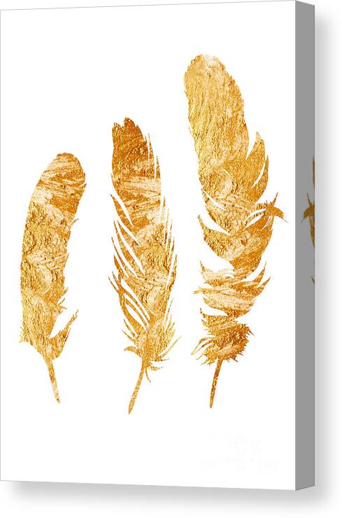 Three Canvas Print featuring the painting Gold feathers watercolor painting by Joanna Szmerdt