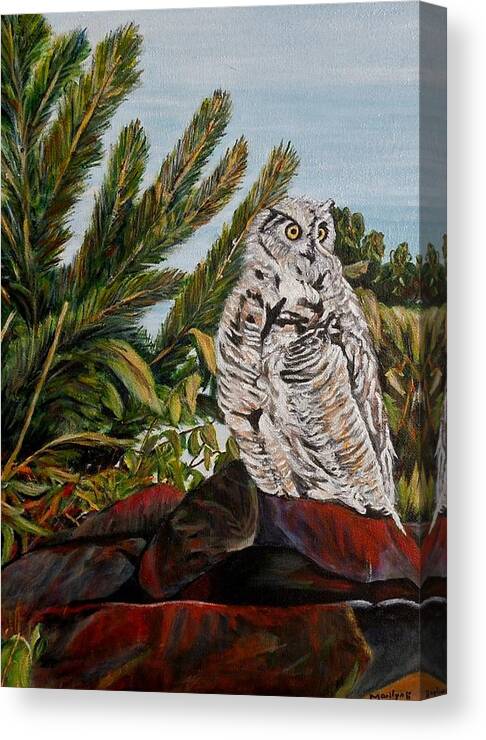Great Horned Owl Canvas Print featuring the painting Great Horned Owl - Owl on the rocks by Marilyn McNish