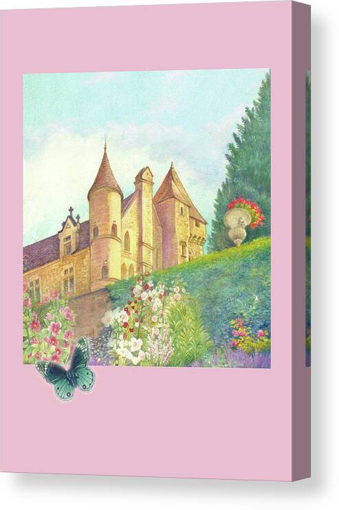 Romantic Castle Canvas Print featuring the painting Handpainted Romantic Chateau Summer Garden by Judith Cheng