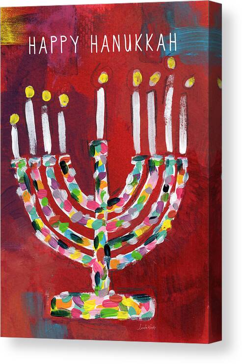Hanukkah Canvas Print featuring the painting Happy Hanukkah Colorful Menorah Card- Art by Linda Woods by Linda Woods