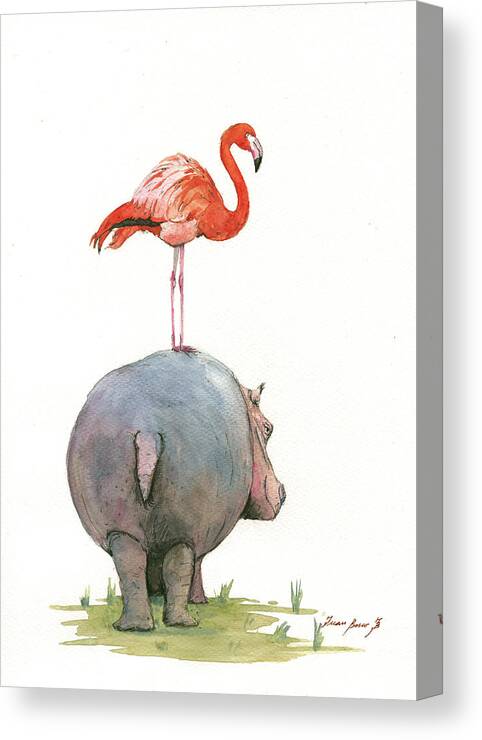 Hippo Art Canvas Print featuring the painting Hippo with flamingo by Juan Bosco