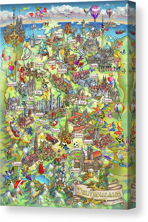 Germany Map Canvas Print featuring the painting Illustrated Map of Germany by Maria Rabinky