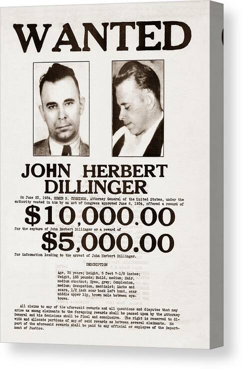 John Dillinger Canvas Print featuring the photograph John Dillinger Wanted Poster by War Is Hell Store