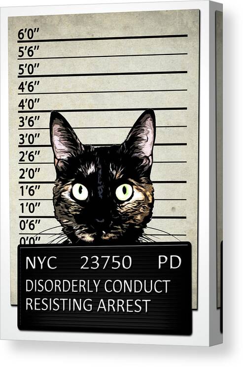 Cat Kitty Kittycat Feline Animal Criminal Mugshot Jail Prison Arrest Arrested Humor Funny Cute Pet Canvas Print featuring the mixed media Kitty Mugshot by Nicklas Gustafsson
