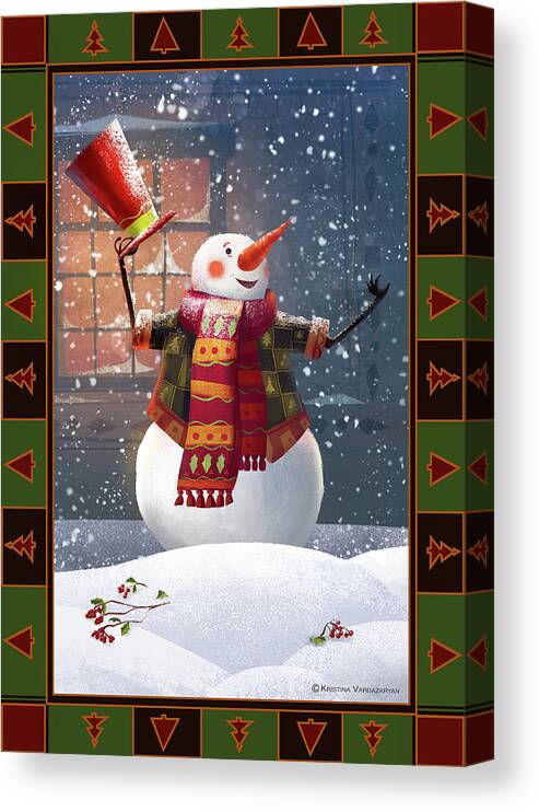 Snowman Canvas Print featuring the painting Let it Snow by Kristina Vardazaryan