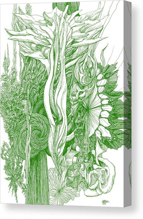 Botanic Botanical Blackandwhite Black And White Zentangle Zen Tangle Abstract Acceptance Circles Comfort Comforting Detailed Drawing Dreams Earth Canvas Print featuring the painting Life Force - Green by Charles Cater