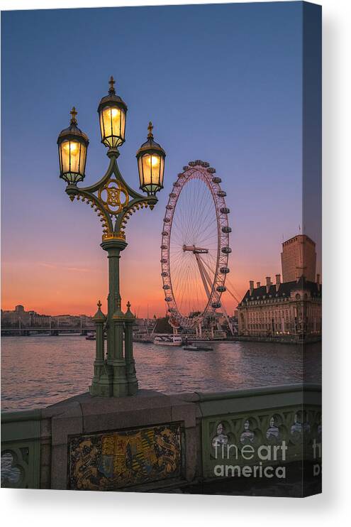 London Canvas Print featuring the photograph London Eye At Dusk, Viewed From Westminster Bridge, London, UK by Philip Preston