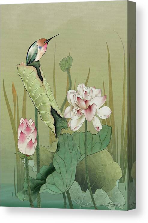 Flower Canvas Print featuring the digital art Lotus Flower and Hummingbird by M Spadecaller