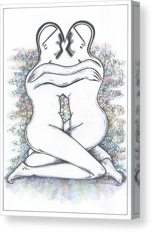 Drawing Canvas Print featuring the drawing Friendly Hug on colour by Giovanni Caputo