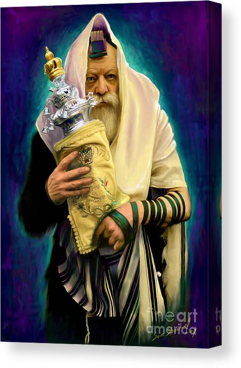 Lubavitcher Canvas Print featuring the painting Lubavitcher Rebbe with torah by Sam Shacked