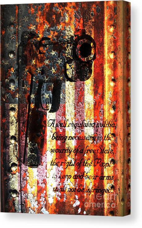 M1911 Canvas Print featuring the digital art M1911 Pistol And Second Amendment On Rusted American Flag by M L C