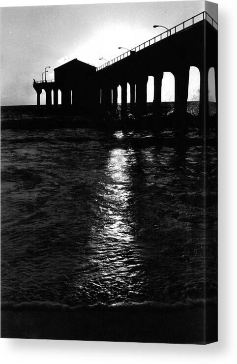 Black/white Canvas Print featuring the photograph Manhattan Beach Pier by Carol Neal-Chicago