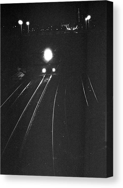 Black/white Canvas Print featuring the photograph Night Train by Carol Neal-Chicago