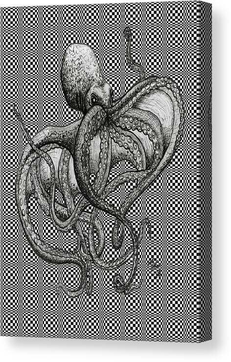 Octopus Canvas Print featuring the drawing Octopus and Checkboards by Jennifer Creech