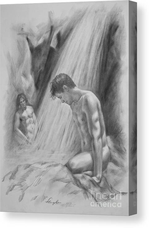 Drawing Canvas Print featuring the drawing Original Charcoal Drawing Art Male Nude By Twaterfall On Paper #16-3-11-16 by Hongtao Huang