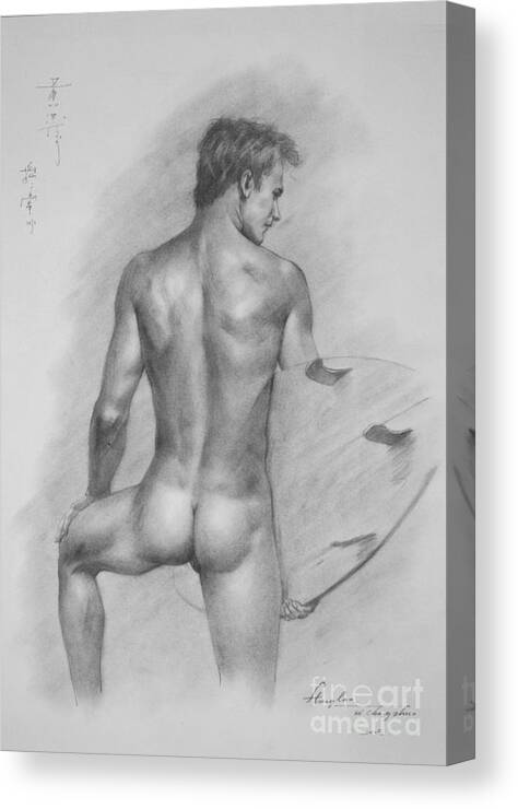 Drawing Canvas Print featuring the drawing Original Charcoal Drawing Art Male Nude On Paper #16-3-11-22 by Hongtao Huang