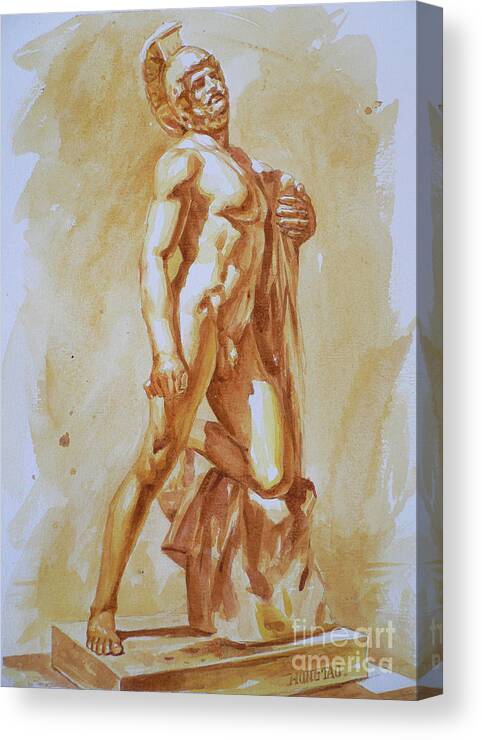 Original Art Canvas Print featuring the painting Original Watercolor Painting Art Male Nude Men Sculpture On Paper #12-25-01 by Hongtao Huang