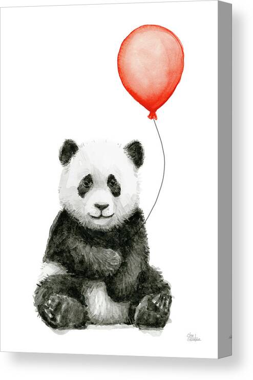 Baby Panda Canvas Print featuring the painting Panda Baby and Red Balloon Nursery Animals Decor by Olga Shvartsur