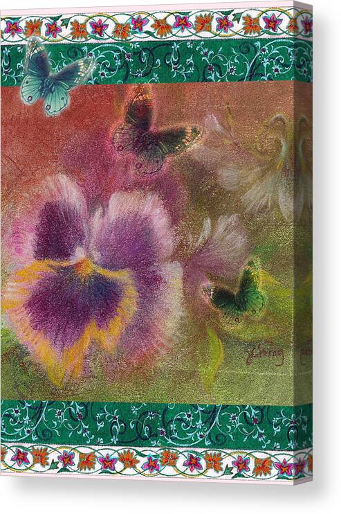 Illustrated Pansy Canvas Print featuring the painting Pansy Butterfly Asianesque border by Judith Cheng